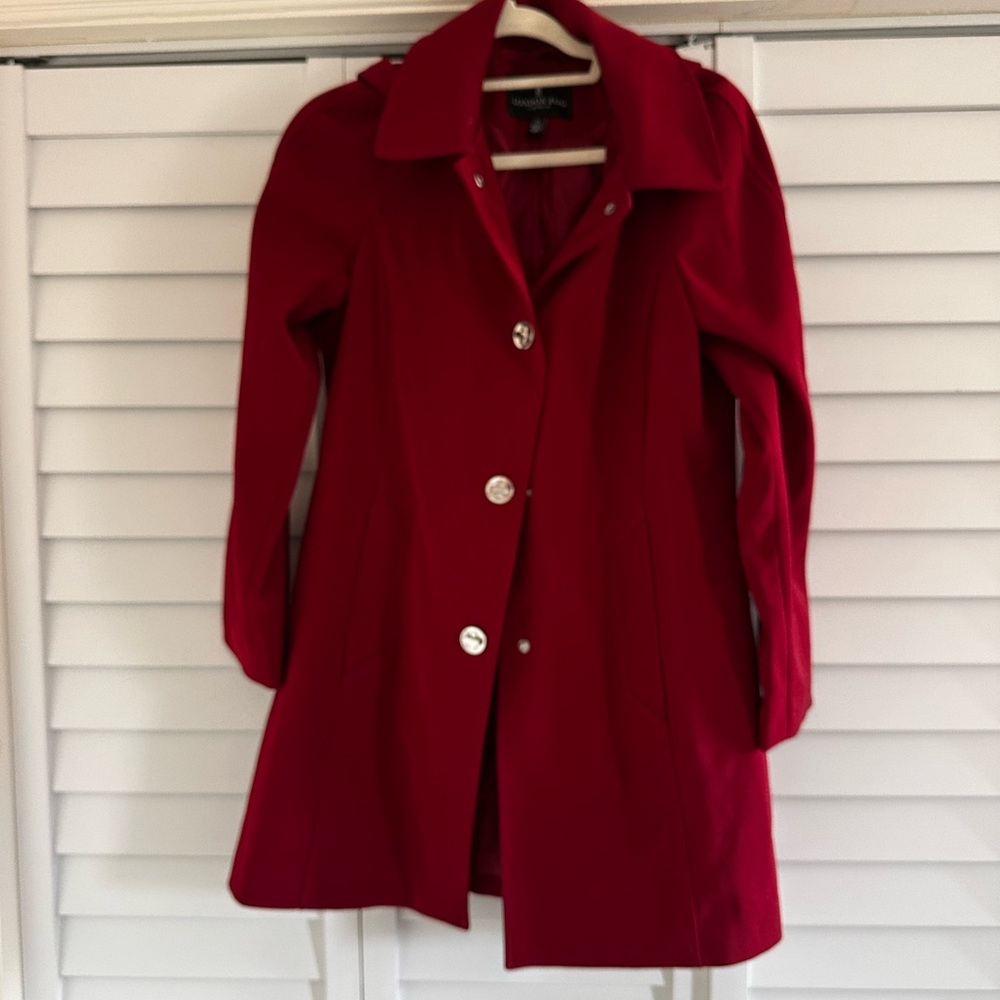 London Fog Bright Red Women's Trench Coat with Silver Buttons